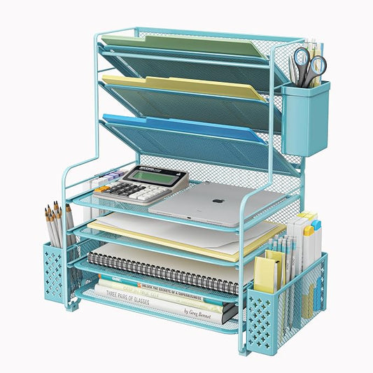 Simple Trending 7 Tier Desk File Organizer, Letter Tray Paper Organizer with Pen Holder and Metal Hanging Basket, Blue by SimpleTrending