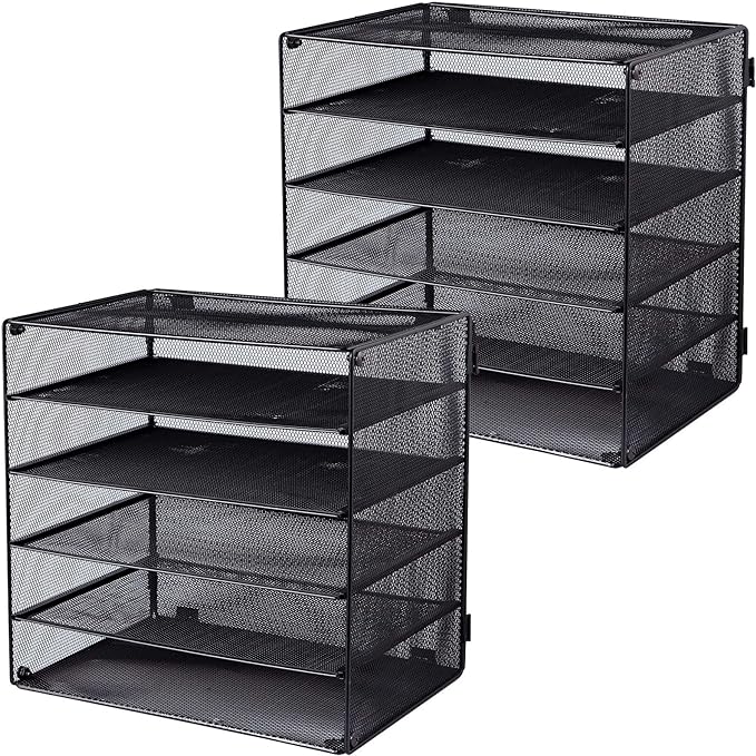 5 Slot Mesh Desk Organizer Tray, File Paper Letter Folder Holder Desktop Paper Sorter Mail Organization Rack Storage Accessories, for Office Home School Classroom, Black, 2 Pack by EASEPRES