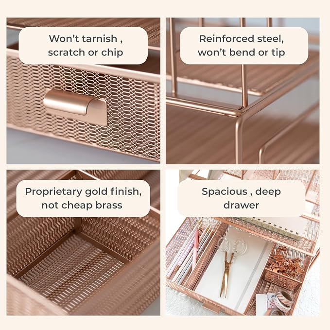 BLU MONACO | Rose Gold Desk Organizer with Drawer | Metal Desk Organizer with File Sorters and Storage Compartments | Office Desk Organizer for Paper Folders and Supplies - Image 5