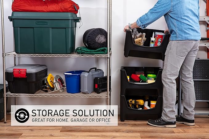 Mighty Tuff Jumbo Stackable Storage Bins, Pack of 3, Easy-Access Storage, Large Easy-to-Grip Handles, Wide Front Opening, Interlocking, Stack Vertically, Black - Image 3