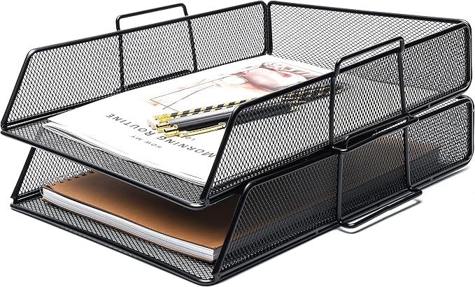 Exerz Paper Sorter Stackable/Desk Letter Tray A4 File Holder 2pcs - Wire Mesh - Office, School - Black | Durable Metal Mesh Holds Papers Files Folders Notebooks And Magazines For Office Home Study Classroom Desks by Exerz
