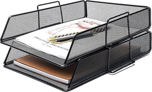 Exerz Paper Sorter Stackable/Desk Letter Tray A4 File Holder 2pcs - Wire Mesh - Office, School - Black | Durable Metal Mesh Holds Papers Files Folders Notebooks And Magazines For Office Home Study Classroom Desks by Exerz