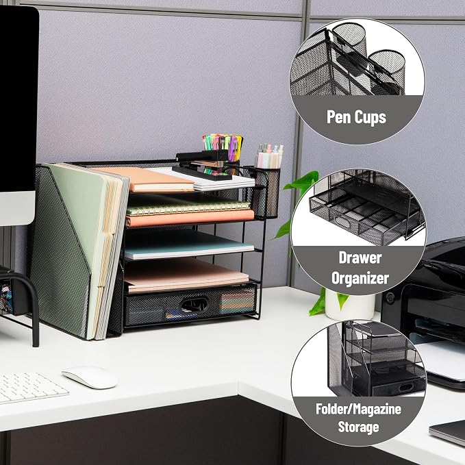 Mind Reader Mesh Desk Organizer, 4 Trays, 1 Drawer, File Holder, 2 Pen Cups, Office Desktop Organizer, Metal Mesh, Black - Image 4