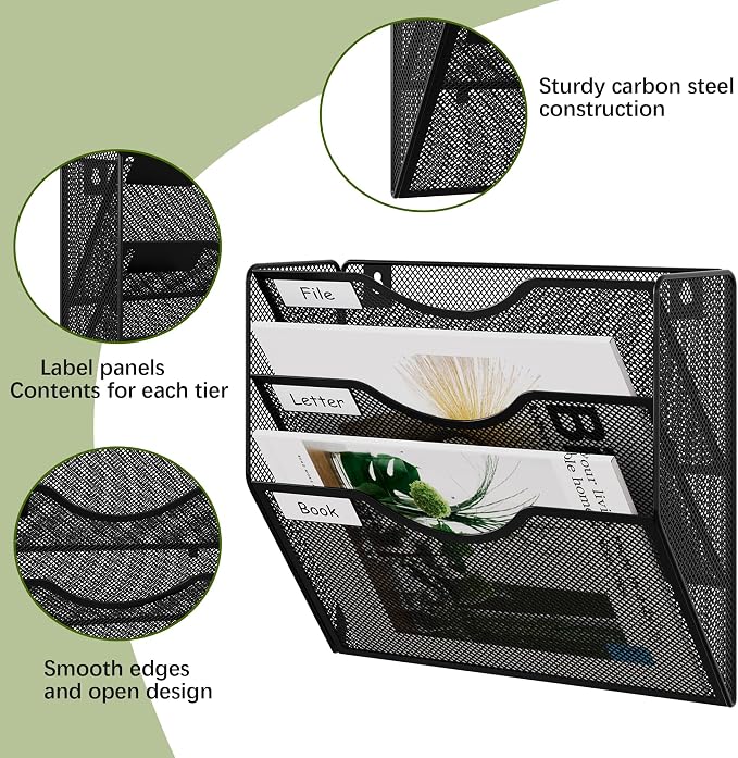 EasyPAG 3 Pocket Mesh Wall File Organizer, Hanging Paper Folder Holder with Classify Label, Vertical Wall Mount Mail Organizer for Office Home Classroom, Black - Image 3