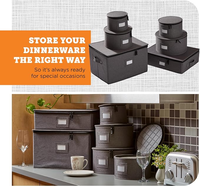 6-Piece China Storage Set | Plates, Mugs & Wine Glasses | Gray | Most Complete Set - Plates, Mugs & Wine Glasses For 12. Hard Shell, Felt-Lined, Stackable. Full China System In One. - Image 2