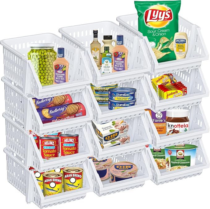 Small Stackable Storage Bins Open Front for Pantry Storage, 12 Pack - White | Sturdy Plastic, Easy Stacking, Open Front Access, Ventilated Sides, Vertical & Space Saving Pantry Organizers and Storage Bin by Skywin