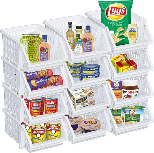Small Stackable Storage Bins Open Front for Pantry Storage, 12 Pack - White | Sturdy Plastic, Easy Stacking, Open Front Access, Ventilated Sides, Vertical & Space Saving Pantry Organizers and Storage Bin by Skywin