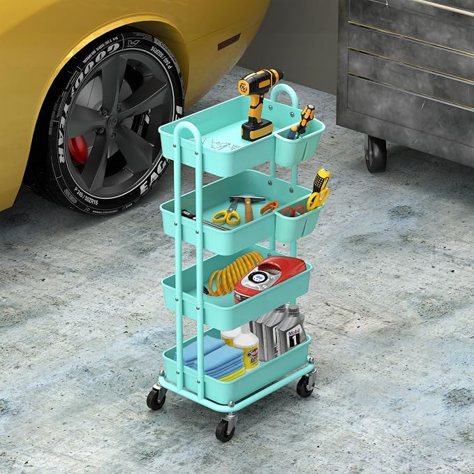 Simple Houseware 4-Tier Rolling Utility Cart with Hanging Bucket, Turquoise | Storage for Bathroom, Kitchen, Office, Study Room, Nursery Diaper - Image 7