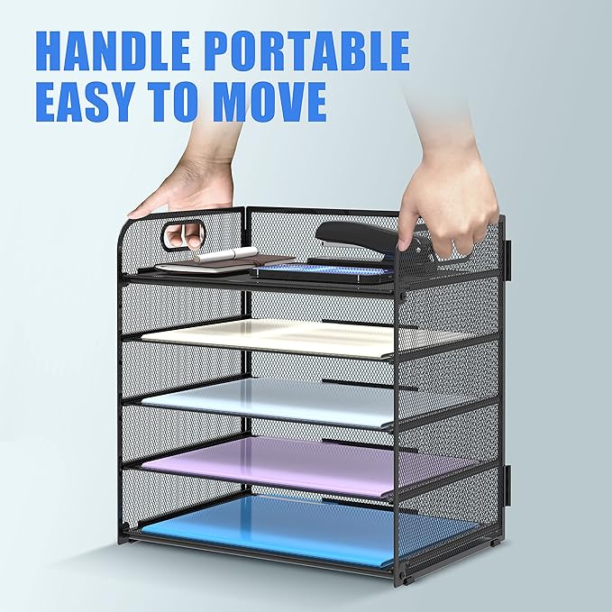 5 Trays Paper Organizer Letter Tray with Handle-Mesh Desk File Holders, Paper Sorter Desk Organizer for Office, Home, Classroom or School - Image 5