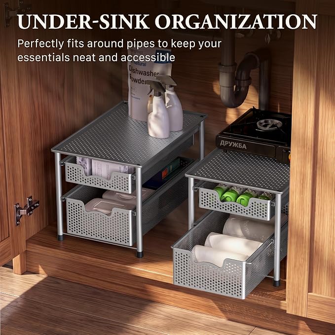Simple Houseware Stackable 2 Tier Sliding Basket Organizer Drawer, Silver - Image 6