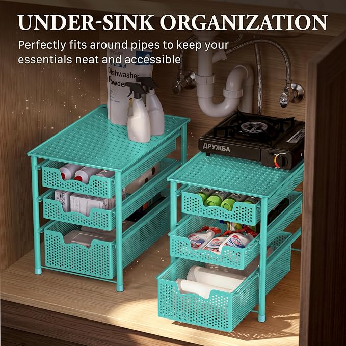 Simple Houseware Stackable 3 Tier Slide Basket Organizer Drawer, Turquoise - Image 6