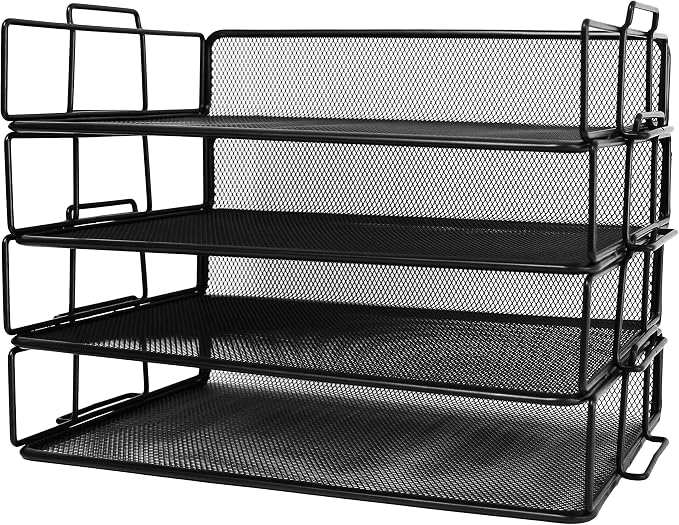 Exerz Letter Trays 4pcs Black Paper Sorters Stackable, 4 Tiers File Trays, Desk Organizer - Metal | 4 Tier Metal Mesh Stackable Saves Desk Space Holds A4 Papers Folders Notebooks Magazines For Office Home School - Image 4
