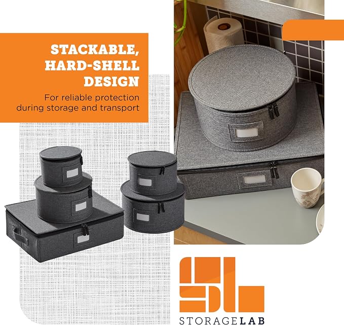 5-Piece Premium China Storage Set | Plates & Mugs | Gray | Full China Set For 12 - 4 Plate Cases + Mug Case, Flip-Top Lid. Hard Shell, Felt Dividers, Stackable, Easy Access. - Image 4
