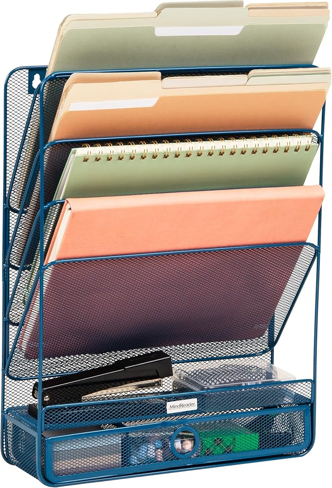 Mind Reader 4-Tier Vertical File Storage, Desktop Organizer, Wall Mount, Office, Metal Mesh, 12.5"L x 4"W x 16.5"H, Turquoise by MindReader