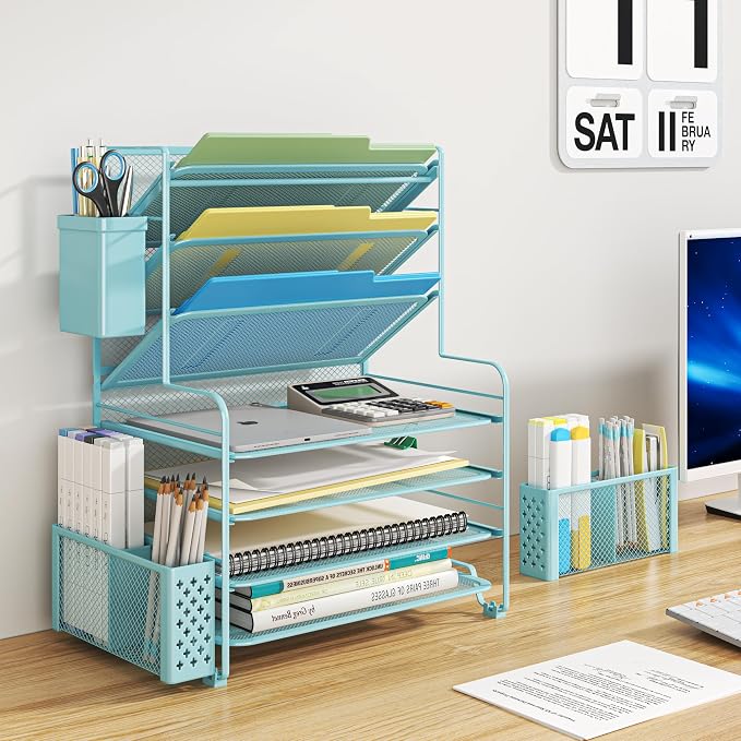Simple Trending 7 Tier Desk File Organizer, Letter Tray Paper Organizer with Pen Holder and Metal Hanging Basket, Blue - Image 2