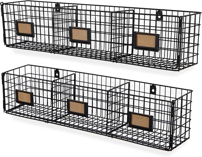 Amalfi Hanging File Folders Office Desk Organizer Wall Mount Wire Basket Storage Magazine Holder 3 Sectional Set of 2 Black - Image 8