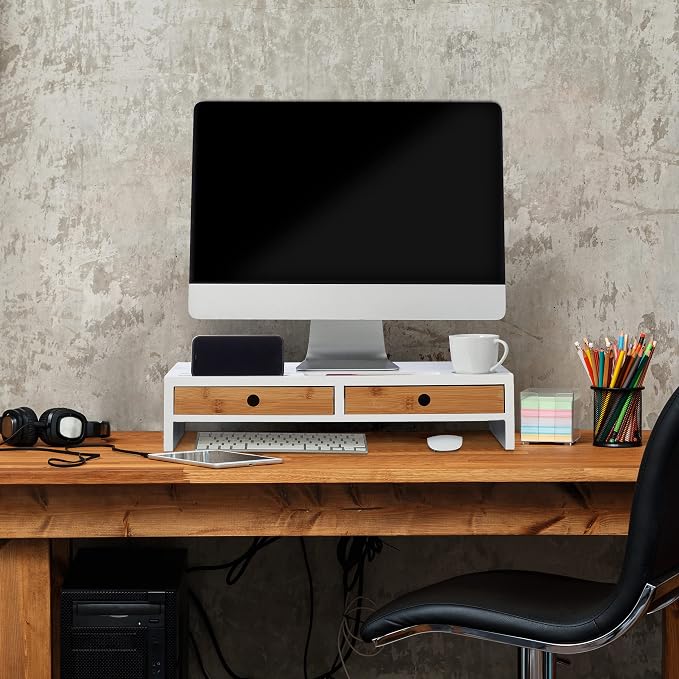 Relaxdays Monitor Stand, 2 Drawers, PC Riser for Desk, H 12 x W 56 x D 27 cm, Bamboo & MDF, White/Natural - Image 2