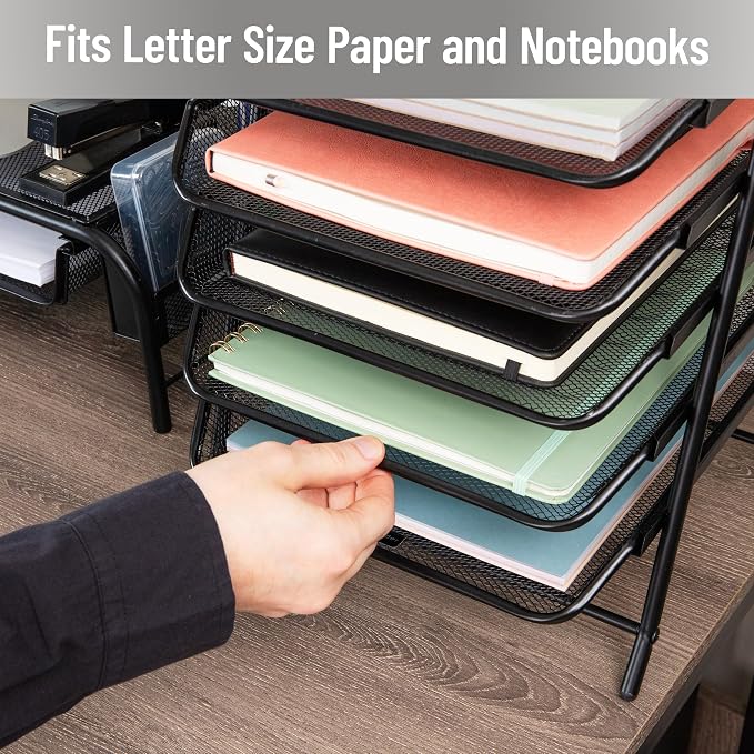 Mind Reader 5-Tier Paper Tray, Desktop Organizer, File Storage, Office, Metal Mesh, 11.75"L x 14"W x 15"H, Set of 2, Black - Image 7
