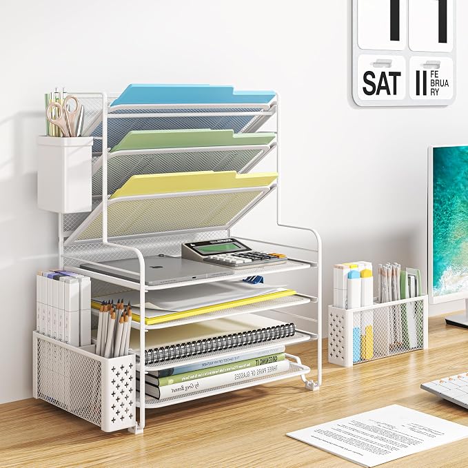 Simple Trending 7 Tier Desk File Organizer, Letter Tray Paper Organizer with Pen Holder and Metal Hanging Basket, White - Image 2