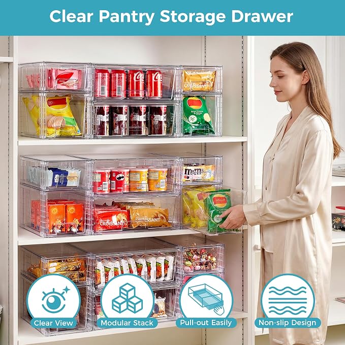 Vtopmart 6 Pack Clear Stackable Storage Drawers,Easy to Assemble Pantry Organizers and Storage with handles,Plastic Drawers for Kitchen Pantry,Cabinet,Under Sink Organization - Image 3