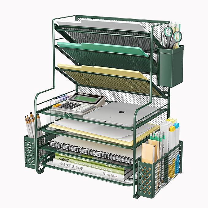 Simple Trending 7 Tier Desk File Organizer, Letter Tray Paper Organizer with Pen Holder and Metal Hanging Basket, Green by SimpleTrending
