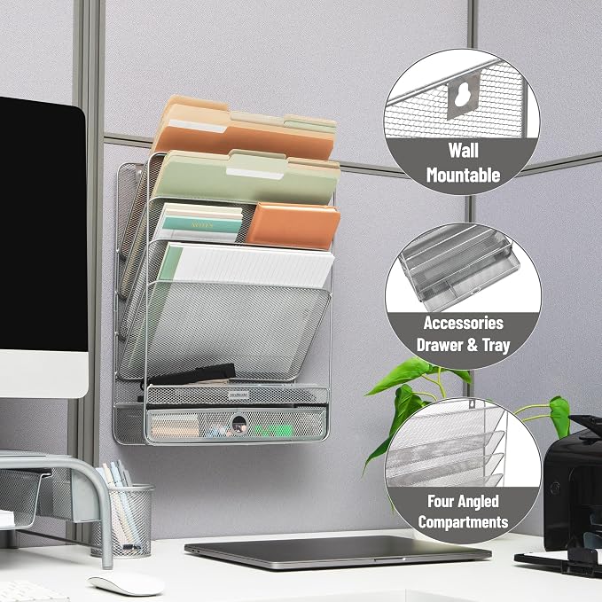 Mind Reader 4-Tier Vertical File Storage, Desktop Organizer, Wall Mount, Office, Metal Mesh, 12.5"L x 4"W x 16.5"H, Silver - Image 4