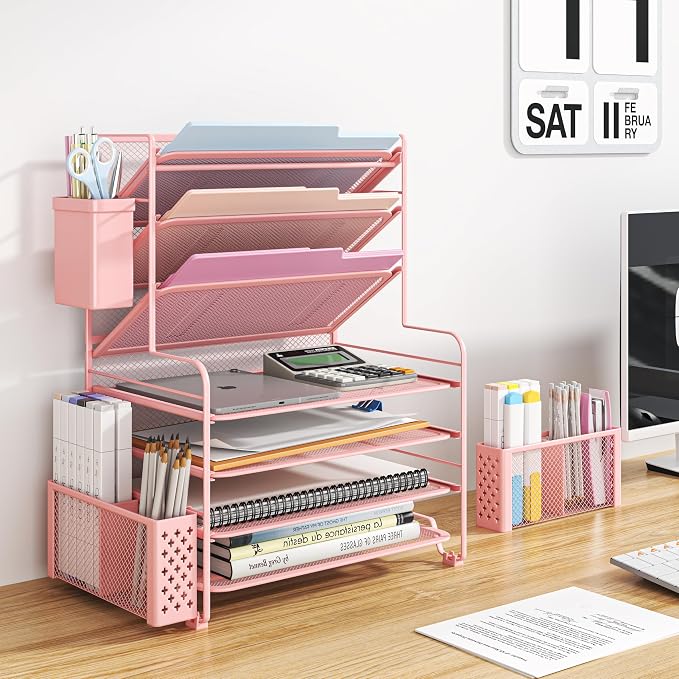 Simple Trending 7 Tier Desk File Organizer, Letter Tray Paper Organizer with Pen Holder and Metal Hanging Basket, Pink - Image 2