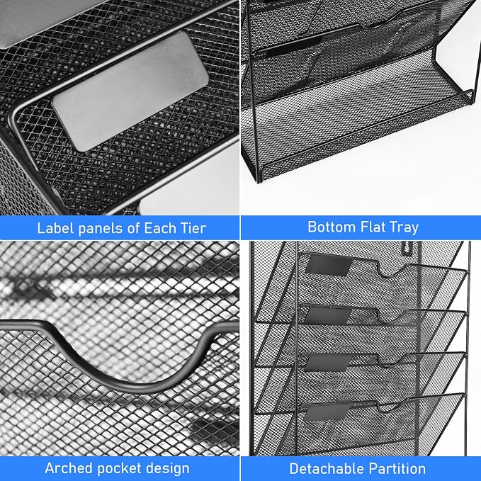 Wall File Organizer, 6 Pockets Mesh Hanging File Organizer | Wall Mount File Paper Folder Holder With Hooks, Wall Organizer Magazine Document Mail for Office School, Black - Image 4