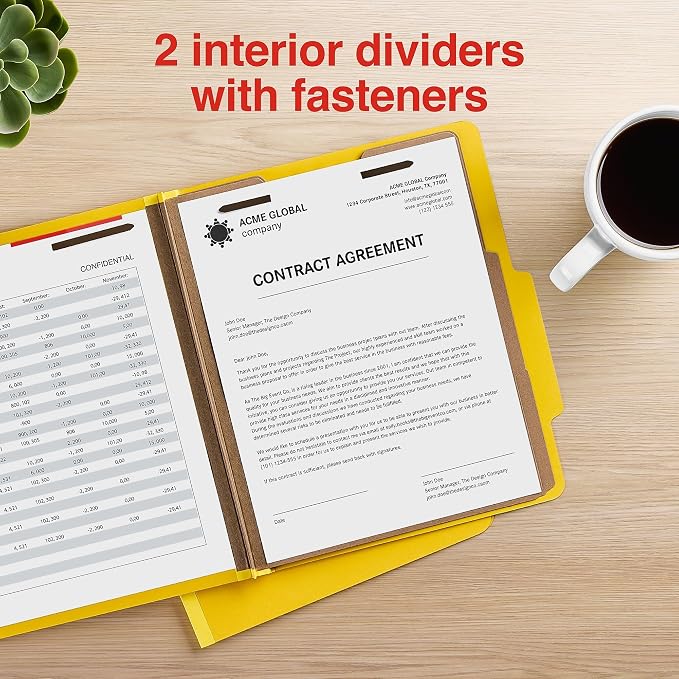 Staples 100% Recycled Heavy‑Duty Classification Folder, Letter Size, 2 Dividers, 2″ Expansion, Yellow Pressboard, 10/Box - Image 4