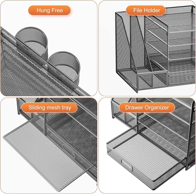 Marbrasse 5-Tier Paper Letter Tray Organizer with Drawer and Pen Holder, Mesh Desktop Organizer and Storage with Magazine Holder for Office Supplies (Grey) - Image 4