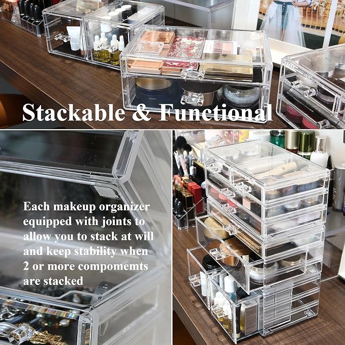 Sea Team 3-Tier Stackable Clear Acrylic Makeup Organizer with Drawers | Multi-Purpose Cosmetic Display Case, Jewelry Storage Box with 8 Drawers, Ideal for Vanity, Dresser, Bathroom, Countertop - Image 6