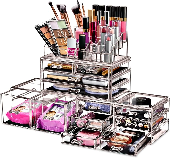 Sorbus Large Makeup Organizer - Clear Stackable Jewelry & Makeup Organizer For Vanity, Bathroom Storage, Dresser - 12 Drawers Cosmetic Beauty Organizers and Storage with Lipstick, Makeup Brush Holder by Sorbus