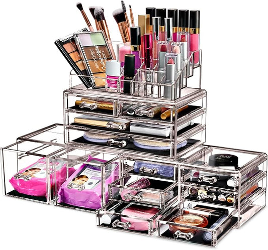 Sorbus Large Makeup Organizer - Clear Stackable Jewelry & Makeup Organizer For Vanity, Bathroom Storage, Dresser - 12 Drawers Cosmetic Beauty Organizers and Storage with Lipstick, Makeup Brush Holder by Sorbus