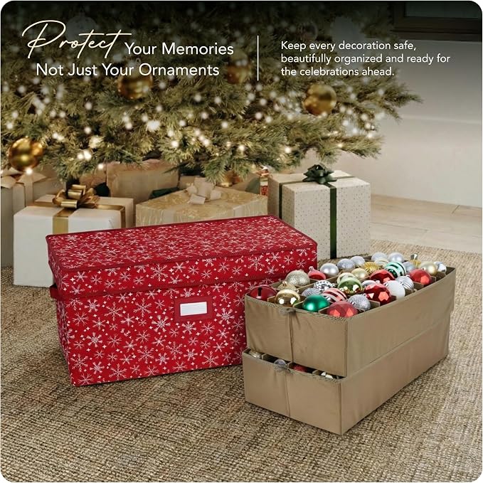 Covermates Keepsakes Adjustable Ornament Storage Box – Heavy-Duty Polyester, Padded Dividers & FlexGrid Trays – Protective Holiday Organizer with Stackable Walls & Label Window, Red Snowflake - Image 2