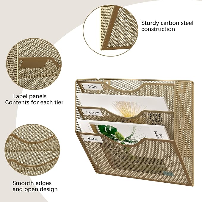 EasyPAG 3 Pocket Mesh Wall File Organizer, Hanging Paper Folder Holder with Classify Label, Vertical Wall Mount Mail Organizer for Office Home Classroom, Gold - Image 3