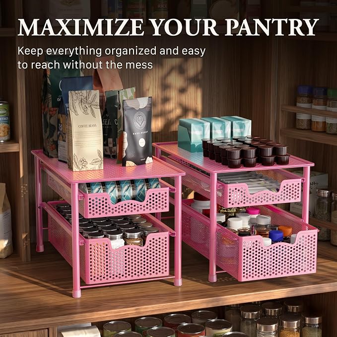 Simple Houseware Stackable 2 Tier Sliding Basket Organizer Drawer, Pink - Image 7