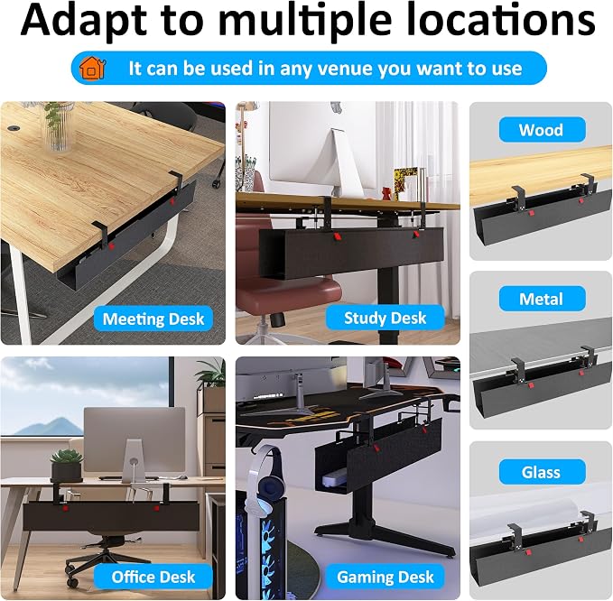 Under Desk Cable Management Tray - Under Desk Cord Management - Clamp/Screw Mount - Fabric Wire Management - Cable Raceways Tray Cord Hiders for Office/Home (Black, 35.8"×5.6") - Image 5