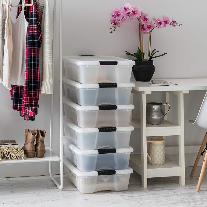 IRIS USA 6-Pack 27 Quart Storage Bins with Lids, Pearl | Conceals contents for a clean look. Great for linens, décor, closet storage, and supplies. Nestable design saves space - Image 7