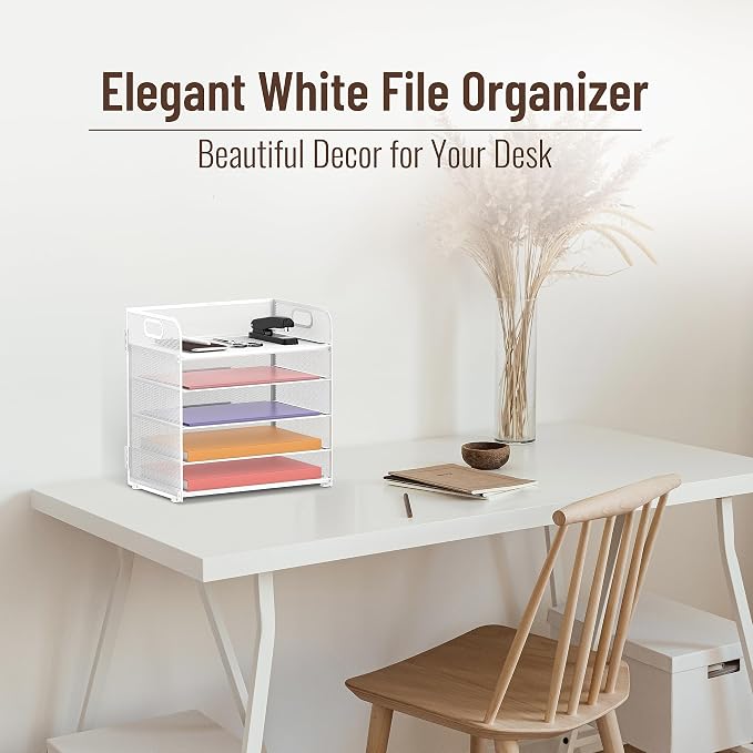 5 Trays Paper Organizer Letter Tray with Handle-Mesh Desk File Holders, Paper Sorter Desk Organizer for Office, Home, Classroom or School, White - Image 2