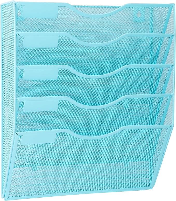 5 Pocket Mesh Hanging Wall File Organizer, Wall Mounted Mail Paper Document Folder Holder, Clipboard Storage Organization Magazine Rack with Nametag Label for Office Home School, Blue by EASEPRES
