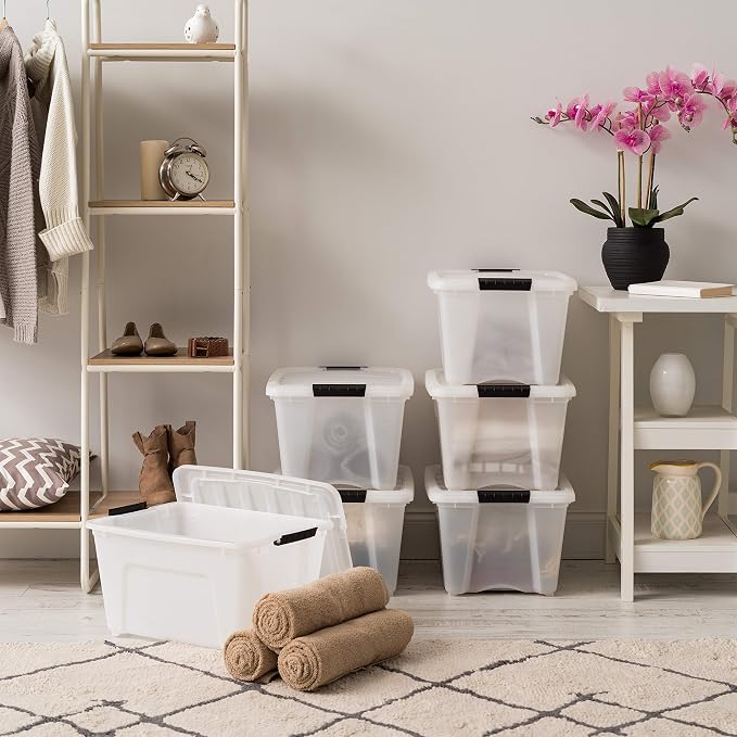IRIS USA 6-Pack 32 Quart Storage Bins with Lids, Pearl | Conceals contents for a clean look. Great for linens, décor, closet storage, and supplies. Nestable design saves space - Image 5