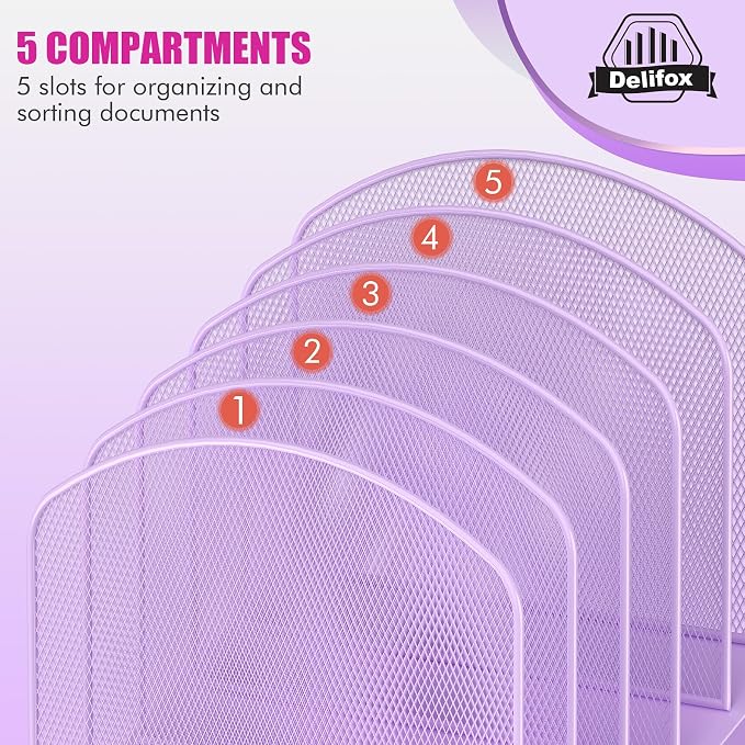 Delifox Inclined Desk File Organizer,Vertical File Folder Holder Stand Metal Rack File Sorter for Office Classroom Desktop Organization (2, Purple, 5) - Image 6