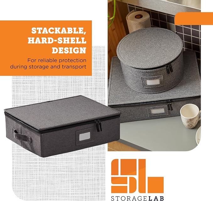 Cup & Mug Storage Case | Hard Shell Felt Dividers | Gray | Hard Shell Case Holds 12 Cups Or Mugs In 4x4 Felt Compartments. Stackable, Top-Load, Dual Handles. Also Fits Wine Glasses. - Image 4