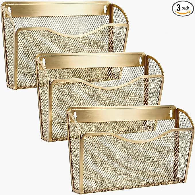 Gawerk Mesh Hanging Wall File Holders, Metal Vertical Wall Basket Mail Organizer for Office/Home (Gold, 3 Pack Wall Mounted) by Gawerk