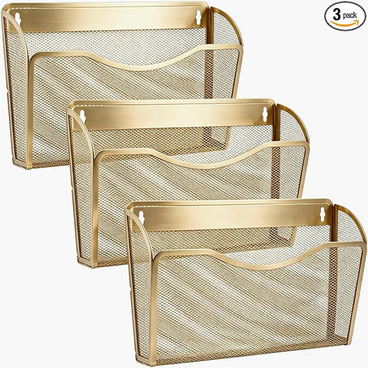 Gawerk Mesh Hanging Wall File Holders, Metal Vertical Wall Basket Mail Organizer for Office/Home (Gold, 3 Pack Wall Mounted) by Gawerk