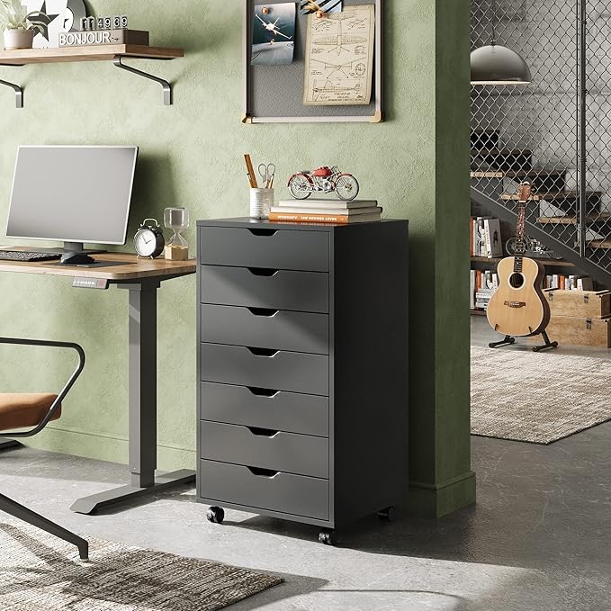 DEVAISE 7-Drawer Office File Cabinets, Mobile Craft Storage Cabinet, Black | Wood Drawer Unit, Storage Cabinet, Rolling Cart, Printer Stand, Filing Cabinet with Drawers - Image 2