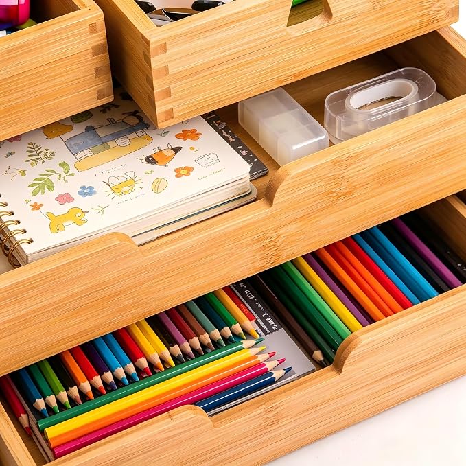 Bamboo Desk Organizer, 100% Natural Bamboo Desktop Drawer Organizer, Tabletop Storage Cabinet Organization Box with 4 Drawers for Makeup, Letter, Home Office Supplies, 3-Layer, Fully Assembled - Image 9