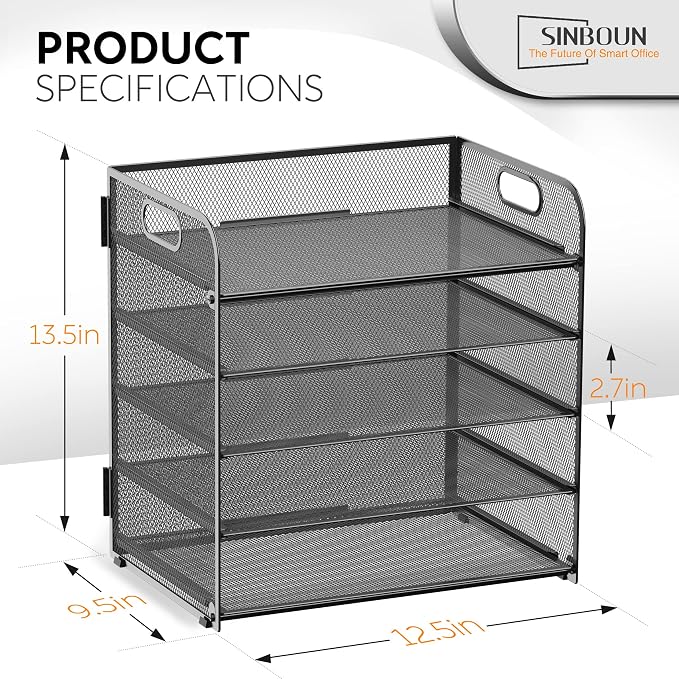2 Pack Letter Tray 5-Tier Desk Organizer File Paper Holder with Handle, Metal Desktop Document Shelf Tray Office Classroom Organization - Black - Image 2