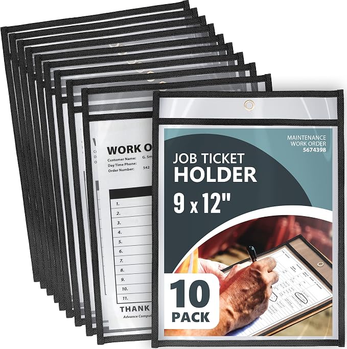 10 Pack Job Ticket Holders 9x12 - Clear Sheet Protectors - Reusable Dry Erase Pocket Sleeves for Shop, Office & Classroom - Clear Work Order Plastic Sleeves & Shop Ticket Holders with Hanging Eyelet by Juzari