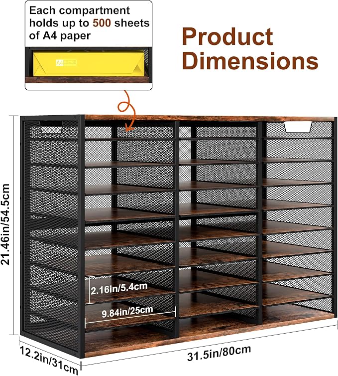 TQVAI 27 Compartments Desktop Literature Organizer, Metal Frame Paper Sorter with Handles, Heavy Duty Mailbox for Classroom and Office, Wood File Organizer for Document, Bill, Magazine, Antique Brown - Image 2